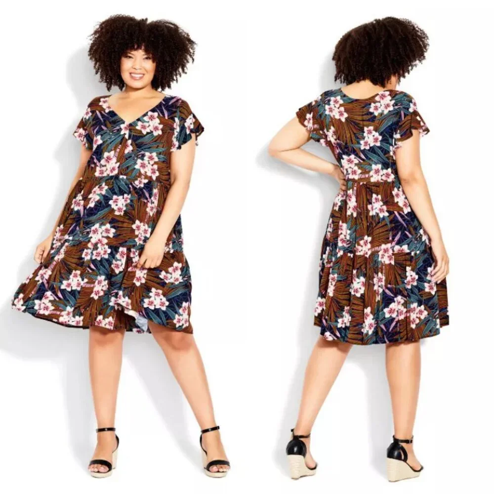 Loralette Floral Palm Tiered Flutter Sleeve Dress 20